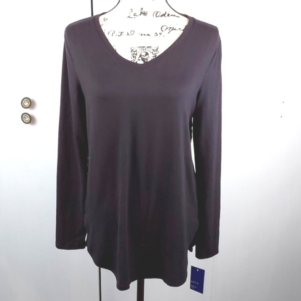 Apt.9- Womens Rich Black V neck Essential Tunic Butter Soft Top Lounge wear Sz.M